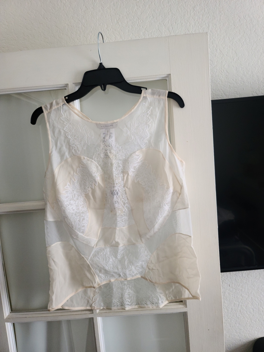 BCBGMaxAzria Sheer Embroidered Sleeveless Top - Cream